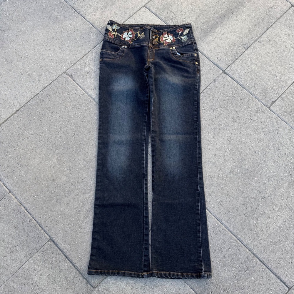Angel Garden Dark Wash Floral Embroidered Sequin Flare Jeans Y2K Bootcut